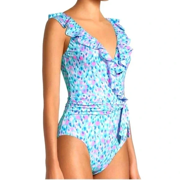 Lilly Pulitzer Delphie one-piece blue pink leopard spot print swimsuit womens 2 - Picture 2 of 13